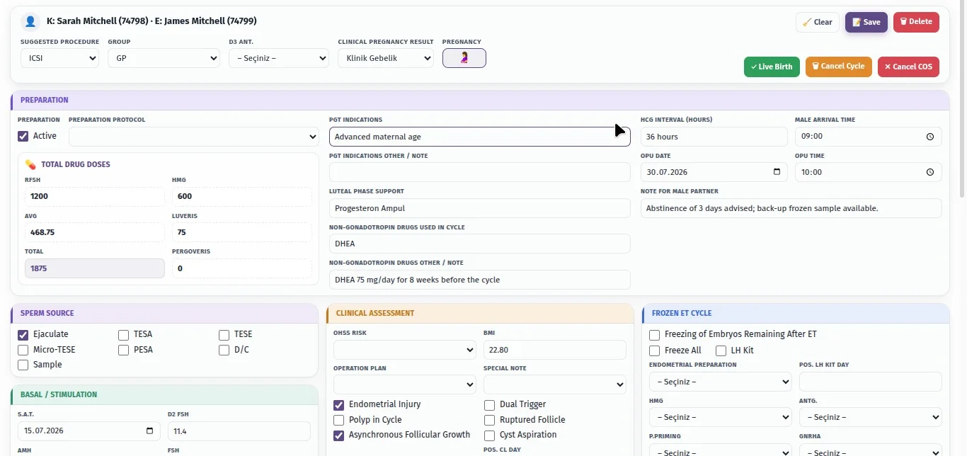 IVF cycle tracking screen showing stimulation preparation, total gonadotropin doses, PGT indication, sperm source, clinical assessment and frozen embryo transfer planning