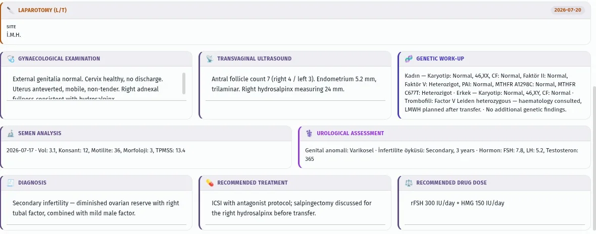 Work-up summary cards: gynaecological examination, transvaginal ultrasound, genetic work-up, semen analysis, diagnosis and recommended treatment